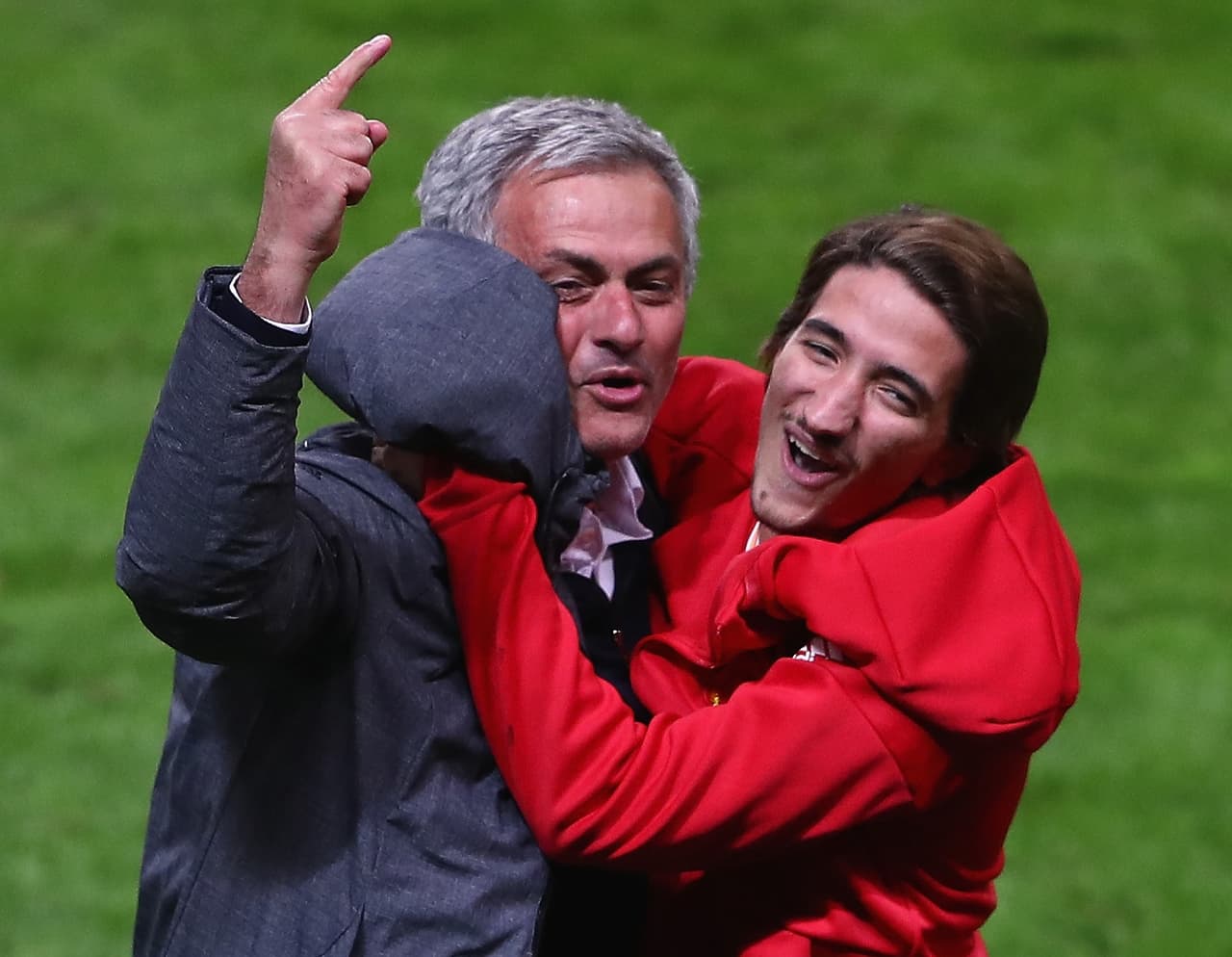 STOCKHOLM, SWEDEN - MAY 24: Jose Mourinho, Manager of Manchester United and his son Jose Mario Mourinho JR. celebrate victory following the UEFA Europa League Final between Ajax and Manchester United at Friends Arena on May 24, 2017 in Stockholm, Sweden. (Photo by Alex Grimm/Getty Images)