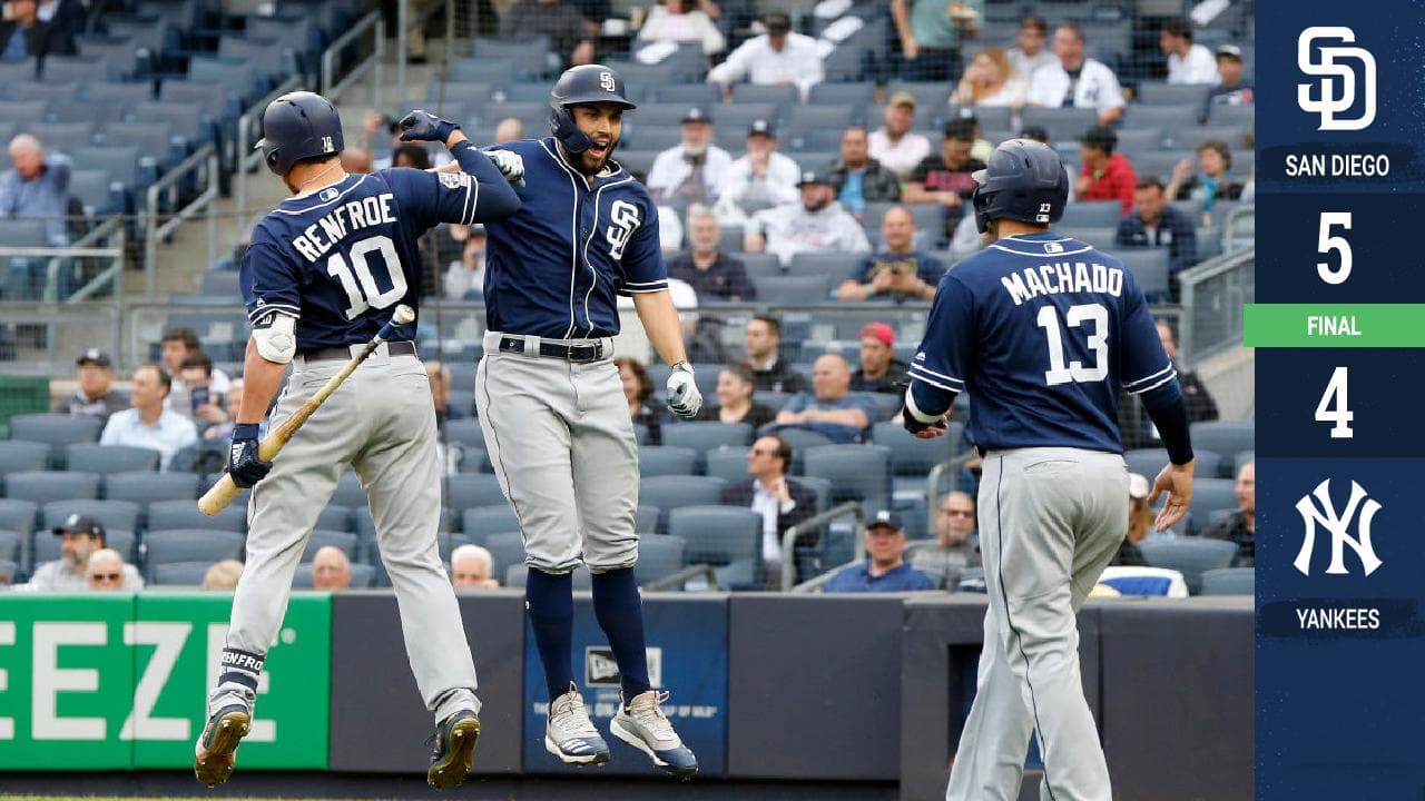 Eric Hosmer conectó un jonrón de tres carreras durante un gran primer inning contra Masahiro Tanaka, y el manager de San Diego, Andy Green, acudió a su bullpen para ayudar a los Padres a resistir y vencer 5-4 a los New York Yankees.