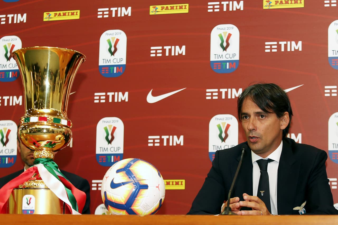 Lazio, con su técnico Simone Inzaghi y Senad Lulic, y Atalanta, con el estratega Gian Piero Gasperini y Alejandro Gomez, estuvieron en la presentación previa de la Final de la Copa de Italia el miércoles 15 de mayo.