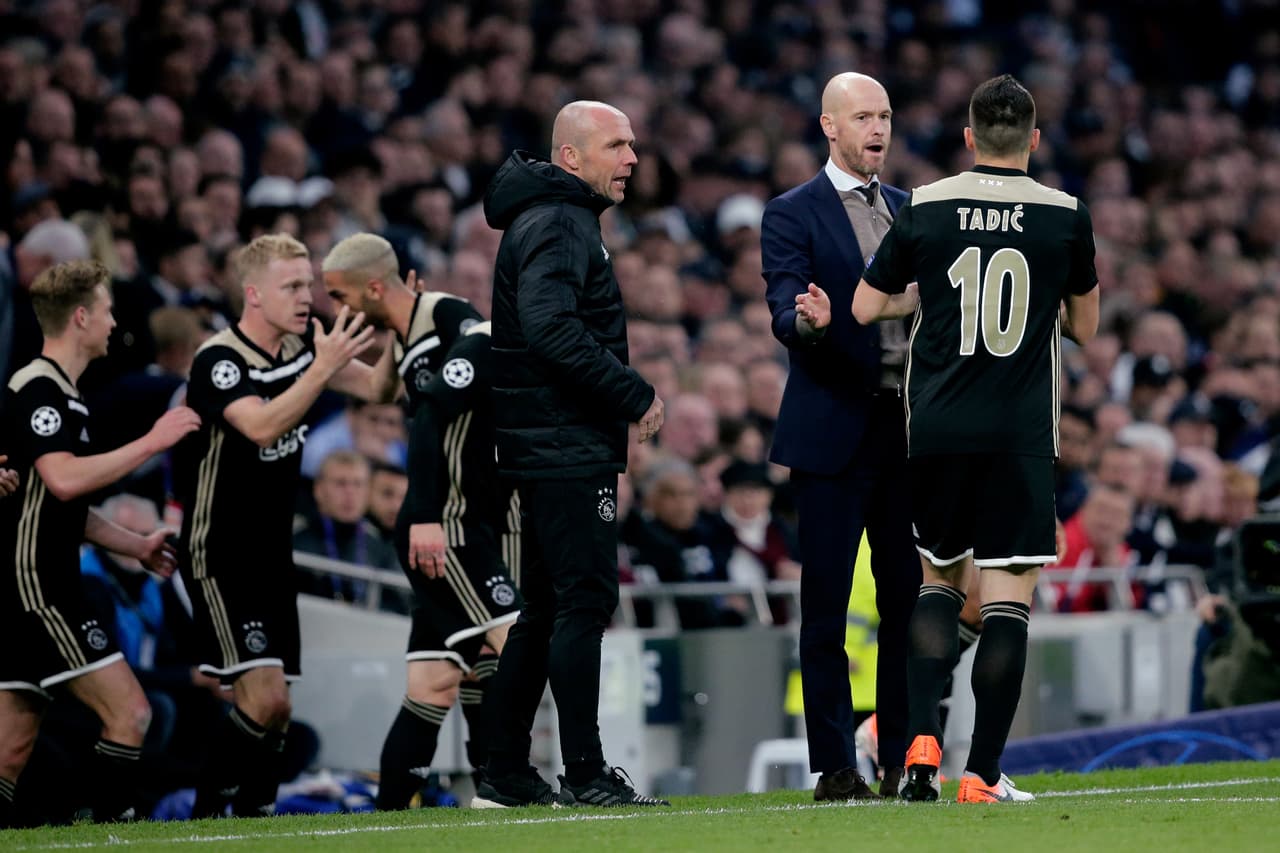Coach Erik ten Hag of Ajax, Dusan Tadic of Ajax during the UEFA Champions League match between Tottenham Hotspur v Ajax at the Tottenham Hotspur Stadium on April 30, 2019 in London United Kingdom.