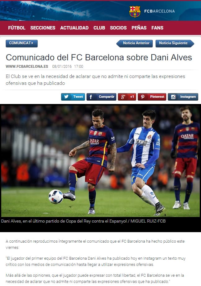 Barcelona sobre el comentario de Dani Alves