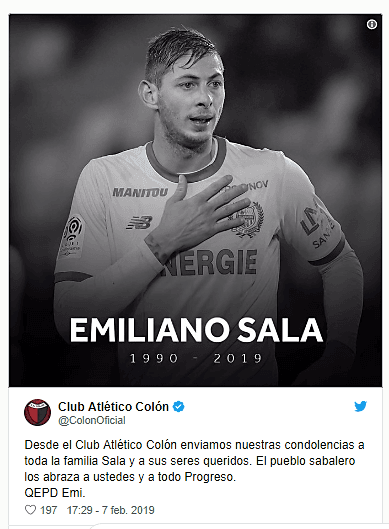 Club Atlético Colón, de Santa Fe, la tierra natal de Emiliano, no pudo faltar en las condolencias.