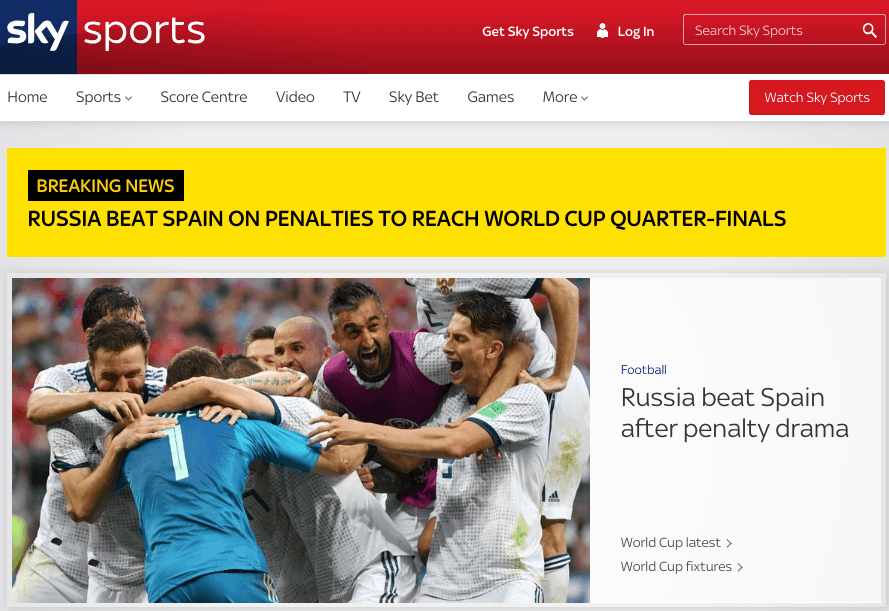 El portal de
<i>Sky Sports</i>: "Rusia vence a España en penaltis para alcanzar los cuartos de final de la Copa del Mundo".