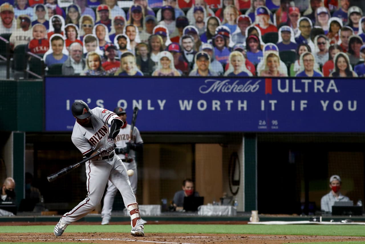 ARLINGTON, TEXAS - JULY 28: Starling Marte #2 of the Arizona Diamondbacks at bat against the Texas Rangers at Globe Life Field on July 28, 2020 in Arlington, Texas. (Photo by Tom Pennington/Getty Images)
