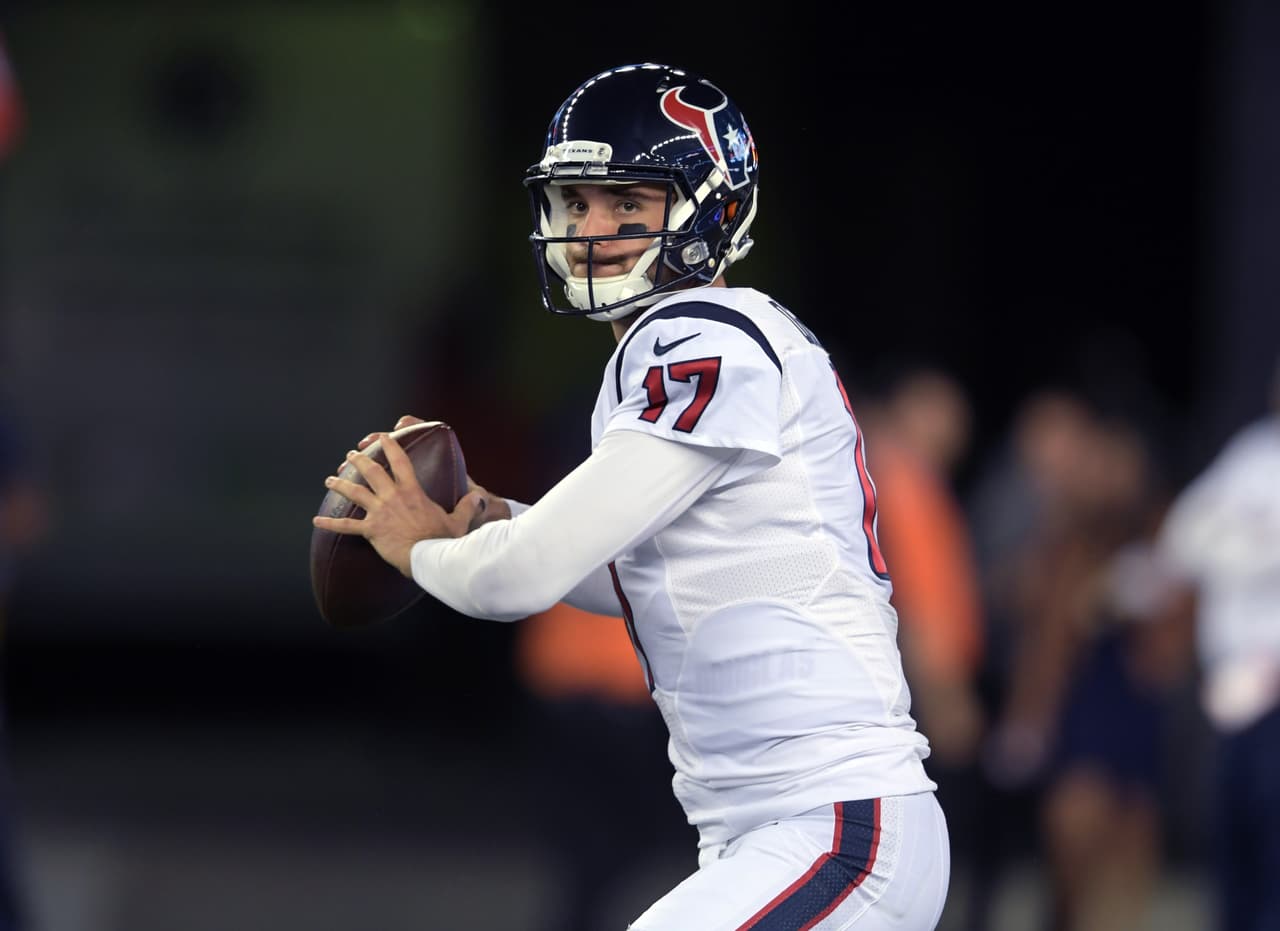 Houston Texans quarterback Brock Osweiler (17) throws a pass against the New England Patriots during a NFL game at Gillette Stadium in Foxboro, Mass. on Thursday, Sept. 22, 2016. The Patriots defeated the Texans 27-0. (Kirby Lee/NFL)