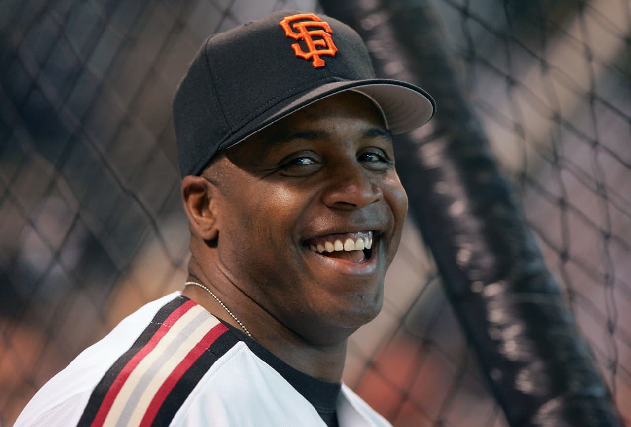 HOUSTON - JULY 13: Barry Bonds of the National Team laughs during warm ups before the Major League Baseball 75th All-Star Game at Minute Maid Park on July 13, 2004 in Houston, Texas. (Photo by Jed Jacobsohn/Getty Images)