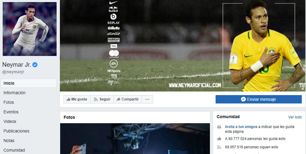 El brasileño Neymar tiene más de 60 millones de "me gusta" en Facebook.