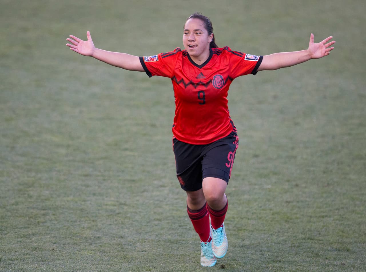 CHESTER, PA - OCTOBER 26: Veronica Charlyn Corral #9 of Mexico reacts after scoring a goal in overtime against Trinidad & Tobago in the 2014 CONCACAF Women's Championship third place game on October 26, 2014 at PPL Park in Chester, Pennsylvania. Mexico defeated Trinidad & Tobago 4-2 (Photo by Mitchell Leff/Getty Images)