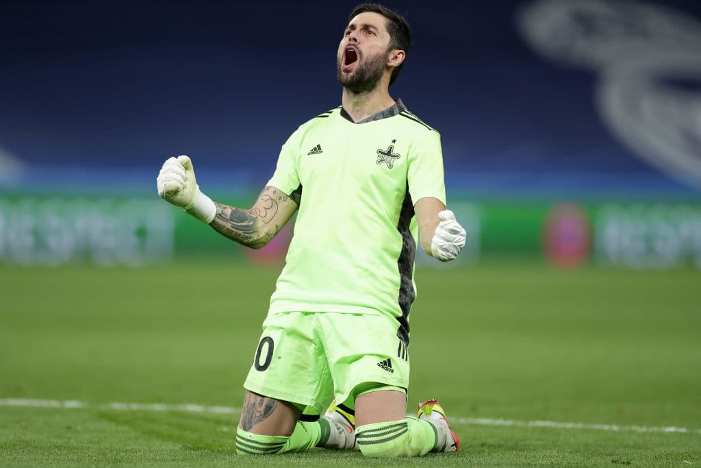 MADRID, SPAIN - SEPTEMBER 28: Giorgos Athanasiadis of Sheriff Tiraspol celebrates during the UEFA Champions League group D match between Real Madrid and FC Sheriff at Estadio Santiago Bernabeu on September 28, 2021 in Madrid, Spain. (Photo by Gonzalo Arroyo Moreno/Getty Images)