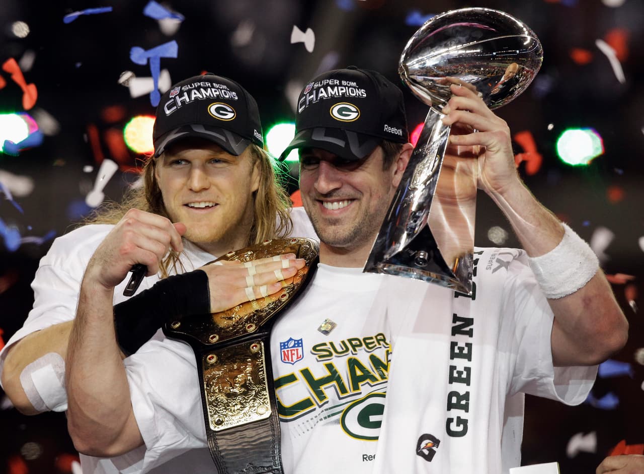 Green Bay Packers' Aaron Rodgers, right, and teammate Clay Matthews celebrate after the Packers' 31-25 win over the Pittsburgh Steelers in the NFL Super Bowl XLV football game Sunday, Feb. 6, 2011, in Arlington, Texas. Rodgers was named most valuable player of the game. (AP Photo/Chris O'Meara)