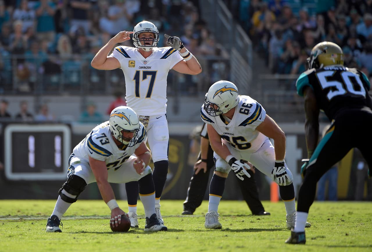 Los Angeles Chargers quarterback Philip Rivers (17) calls signals before a play against the Jacksonville Jaguars during the first half of an NFL football game, Sunday, Nov. 12, 2017, in Jacksonville, Fla. (AP Photo/Phelan M. Ebenhack)