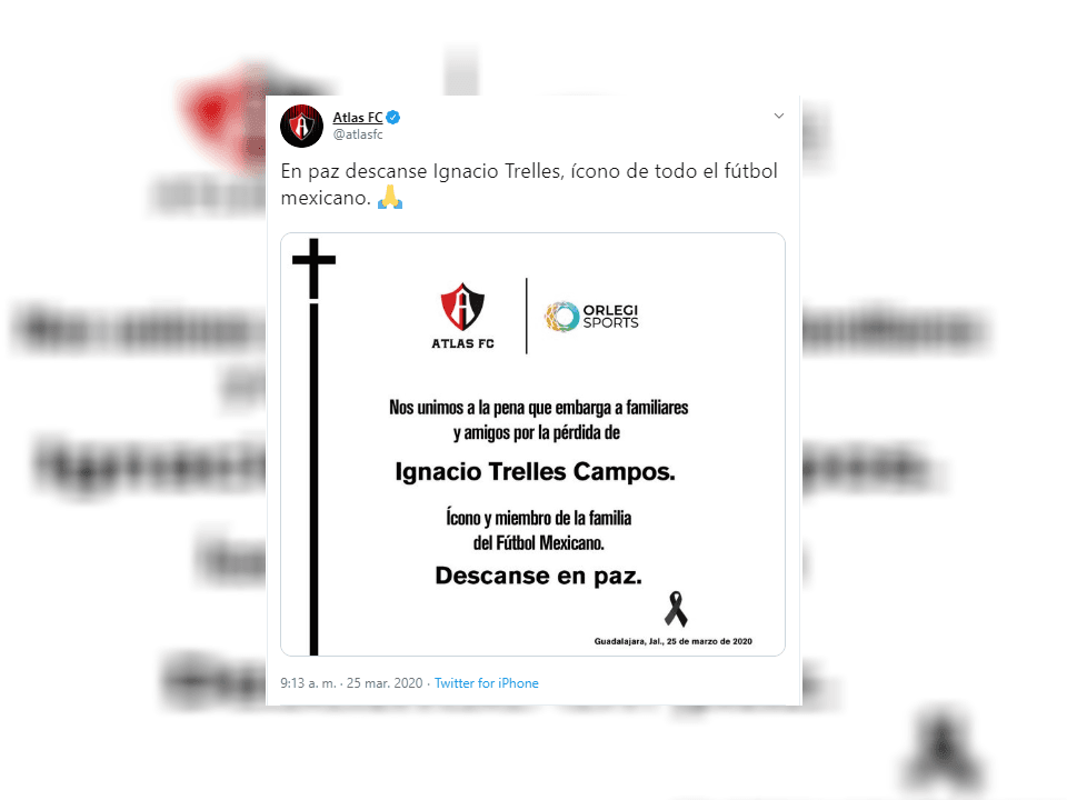 Club Atlas extiende condolencias por su fallecimiento.