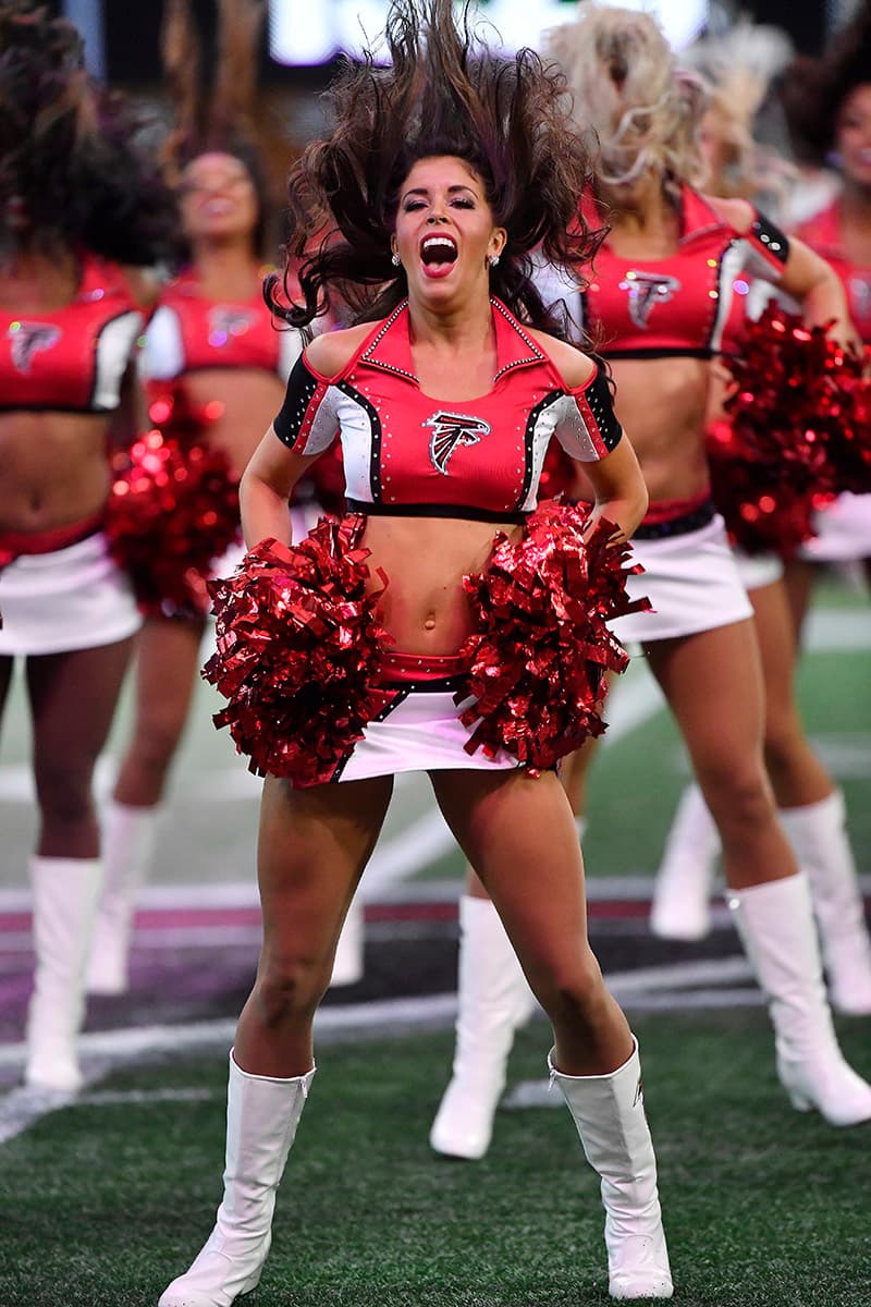 Atlanta Falcons cheerleaders perform during the first half of an NFL preseason football game between the Atlanta Falcons and the Kansas City Chiefs, Friday, Aug. 17, 2018, in Atlanta. (AP Photo/John Amis)