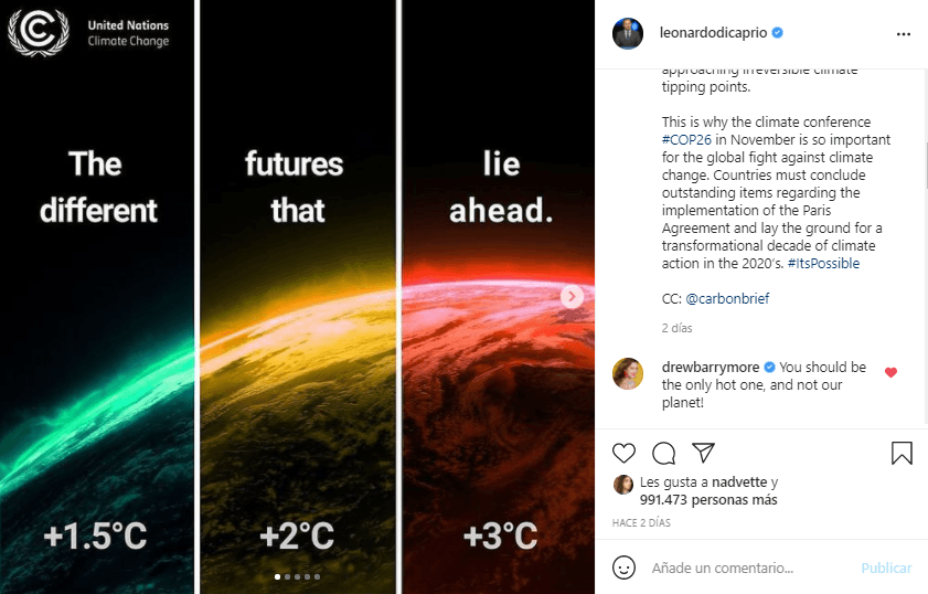 El actor publicó una infografía en su cuenta el martes que demuestra la gran diferencia que puede suponer incluso un cambio de 0,5 grados en el clima global en el futuro de la vida en la Tierra.