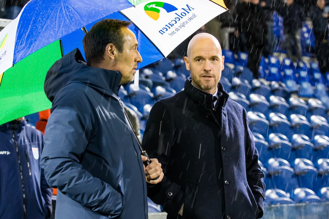 (L-R) coach John van 't Schip of PEC Zwolle, Ajax coach Erik ten Hag during the Dutch Eredivisie match between PEC Zwolle and Ajax Amsterdam at the MAC3Park stadium on December 08, 2018 in Zwolle, The Netherlands(Photo by VI Images via Getty Images)