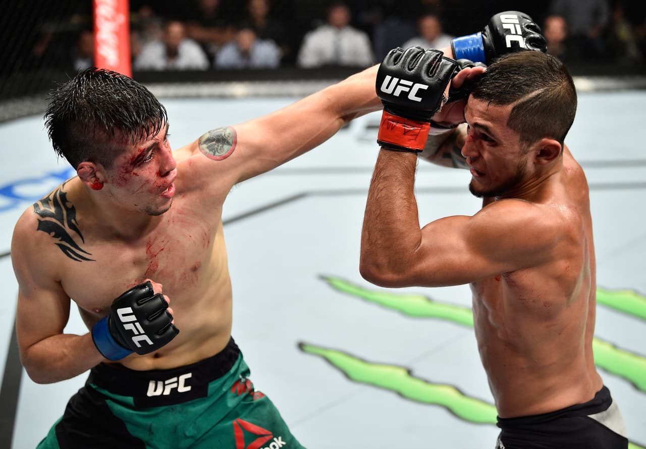MEXICO CITY, MEXICO - AUGUST 05: (L-R) Brandon Moreno of Mexico punches Sergio Pettis in their flyweight bout during the UFC Fight Night event at Arena Ciudad de Mexico on August 5, 2017 in Mexico City, Mexico. (Photo by Jeff Bottari/Zuffa LLC/Zuffa LLC via Getty Images)