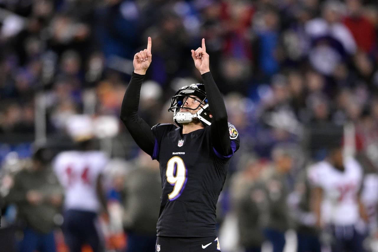 Baltimore Ravens kicker Justin Tucker gestures after making a field goal in the second half of an NFL football game against the Houston Texans, Monday, Nov. 27, 2017, in Baltimore. (AP Photo/Nick Wass)