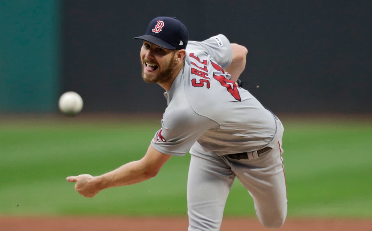 Boston Red Sox starting pitcher Chris Sale delivers in the first inning of the team's baseball game against the Cleveland Indians, Tuesday, Aug. 13, 2019, in Cleveland. (AP Photo/Tony Dejak)
