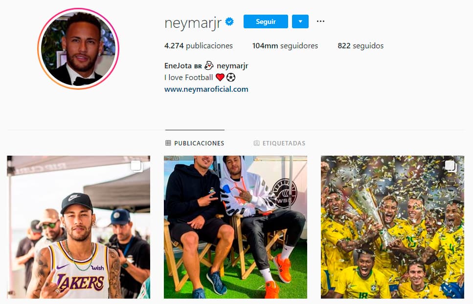 Neymar supera "por poco" a Messi, con más de 104 millones de seguidores.
