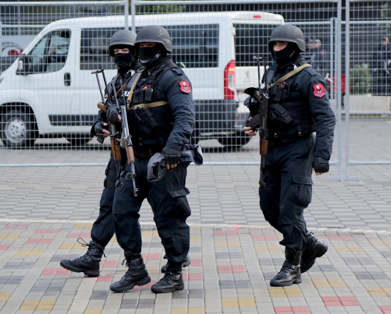 Albanian special policemen patrol at the Elbasan Arena stadium before the 2018 World Cup group G qualifying football match between Albania and Israel, in Elbasan on November 12, 2016. Israel said on November 8, 2016 that the Islamic State group had been planning attacks "in the Balkans" and specifically warned its citizens not to attend an upcoming Israel-Albania football match. Albanian football officials said that the country's 2018 World Cup qualifier with Israel this weekend would be moved for "security reasons", following reports of a planned attack. / AFP / GENT SHKULLAKU (Photo credit should read GENT SHKULLAKU/AFP/Getty Images)