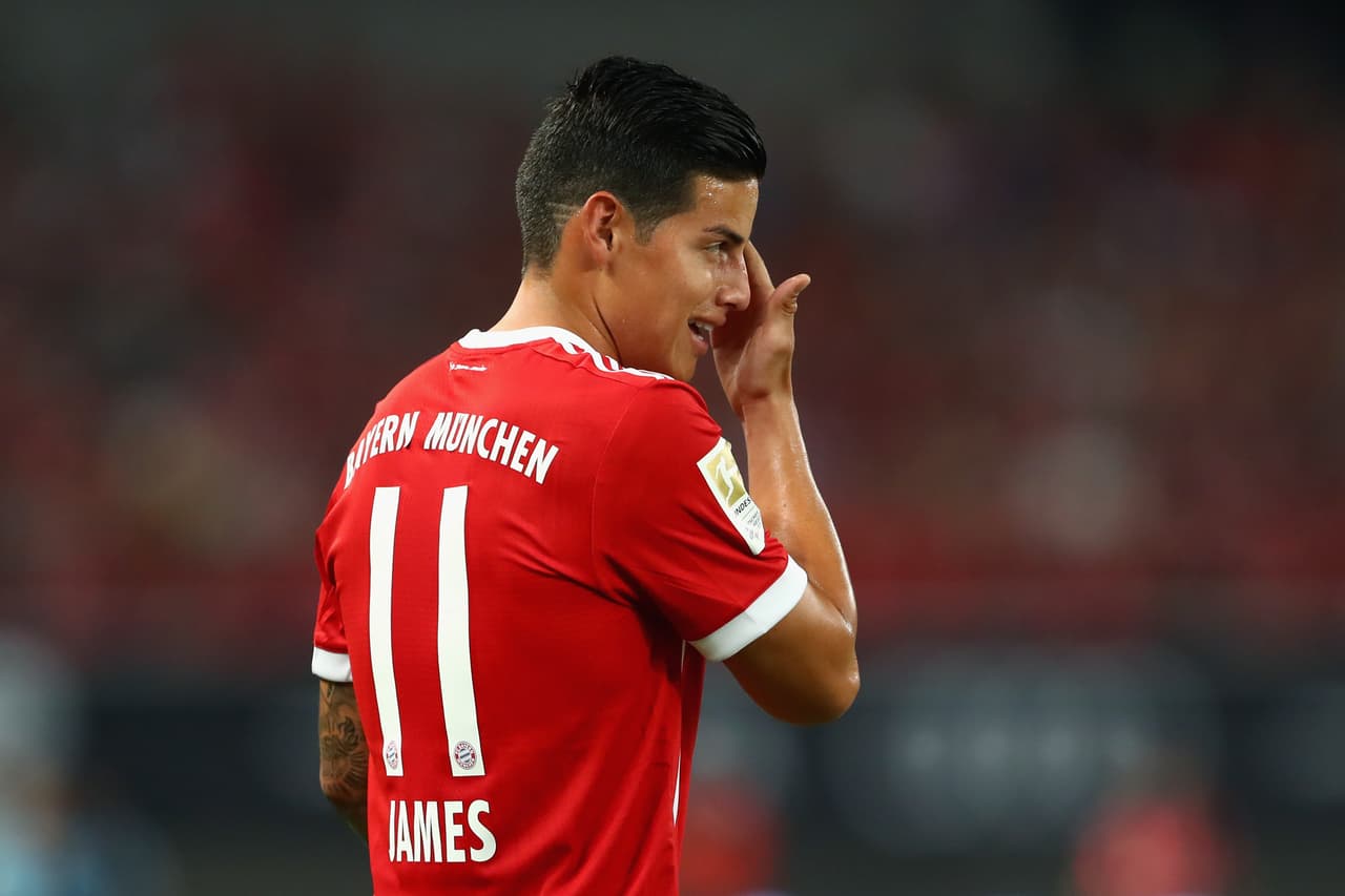 SHANGHAI, CHINA - JULY 19: James Rodriguez of Bayern Muenchen looks on during the Audi Football Summit 2017 match between Bayern Muenchen and Arsenal FC at Shanghai Stadium during the Audi Summer Tour 2017 on July 19, 2017 in Shanghai, China. (Photo by Alexander Hassenstein/Bongarts/Getty Images)