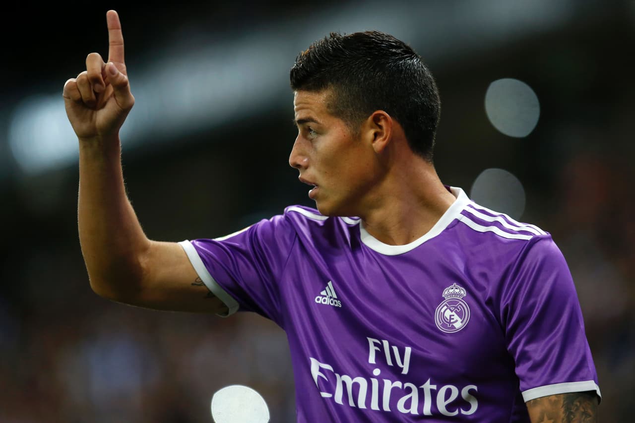 Real Madrid's Colombian midfielder James Rodriguez gestures from the sideline during the Spanish league football match RCD Espanyol vs Real Madrid CF at the Cornella-El Prat stadium in Cornella de Llobregat on September 18, 2016. / AFP / PAU BARRENA (Photo credit should read PAU BARRENA/AFP/Getty Images)