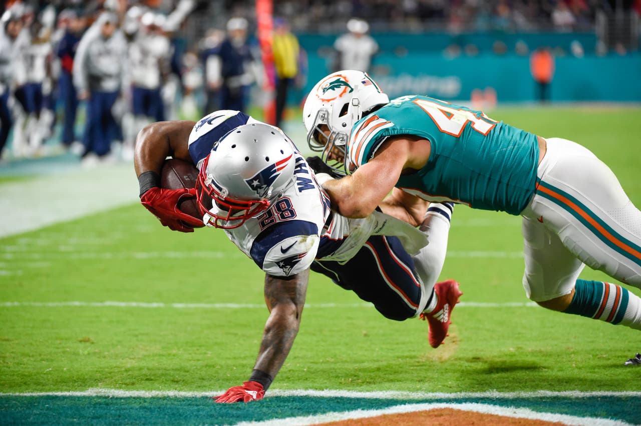 New England Patriots running back James White (28) completes a reception good for a touchdown defended by Miami Dolphins linebacker Kiko Alonso (47) during the NFL regular season week 14 football game on Monday, Dec. 11, 2017 in Miami Gardens, Fla. The Dolphins won the game 27-20. (Jim Mahoney via AP)