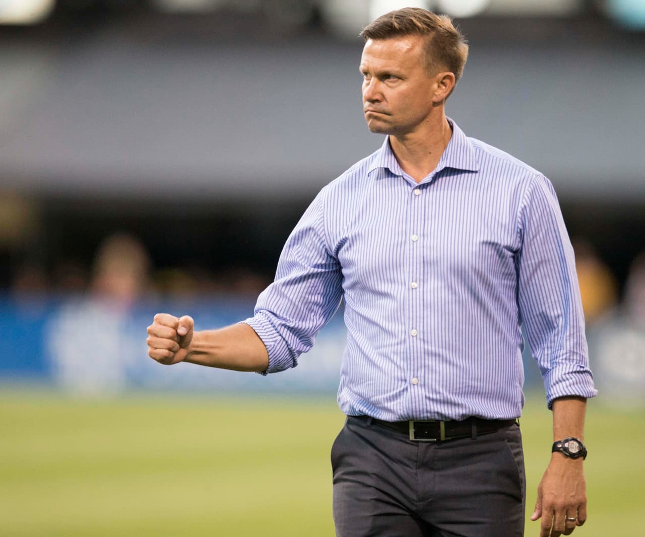 Jun 9, 2018; Columbus, OH, USA; New York Red Bulls head coach Jesse Marsch encourages his team against Columbus Crew SC at MAPFRE Stadium. Mandatory Credit: Greg Bartram-USA TODAY Sports
