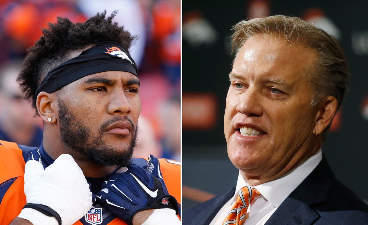 FILE - These are 2016 file photos showing Denver Broncos' T.J. Ward, left, and John Elway. The Denver Broncos have broken up the "No Fly Zone," releasing three-time Pro Bowl strong safety T.J. Ward with a year left on his contract. General manager John Elway said cutting the eighth-year pro was a difficult decision "after everything he's done for our football team." (AP Photo/File)