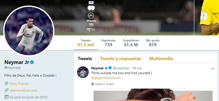 Neymar supera con facilidad a James y Bale en Twitter, llegando a 41.4 millones de seguidores.
