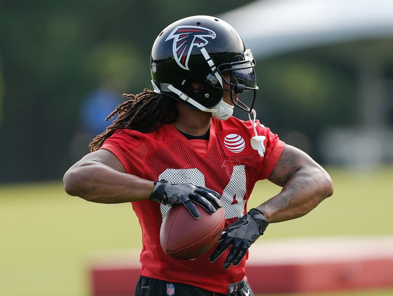 Atlanta Falcons running back Devonta Freeman (24) is shown during the first day of an NFL training camp football practice Thursday, July 27, 2017, in Flowery Branch, Ga. (AP Photo/John Bazemore)