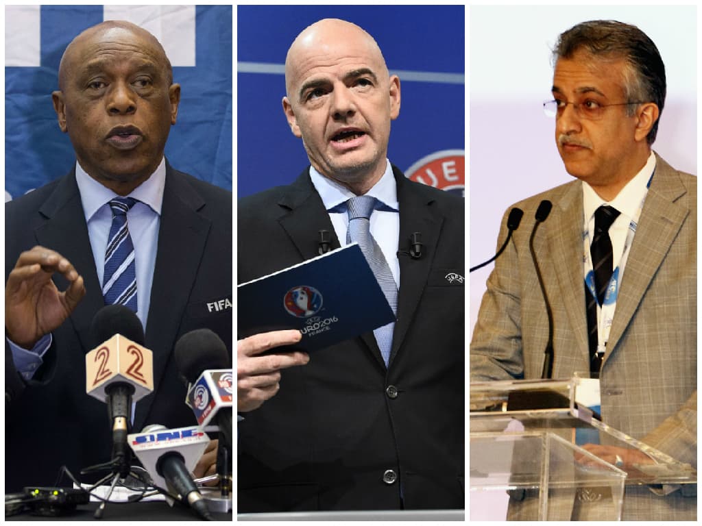 Derecha: Tokyo Sexwale. Centro: Gianni Infantino Izquierda: Salman bin Ebrahim al Khalifa