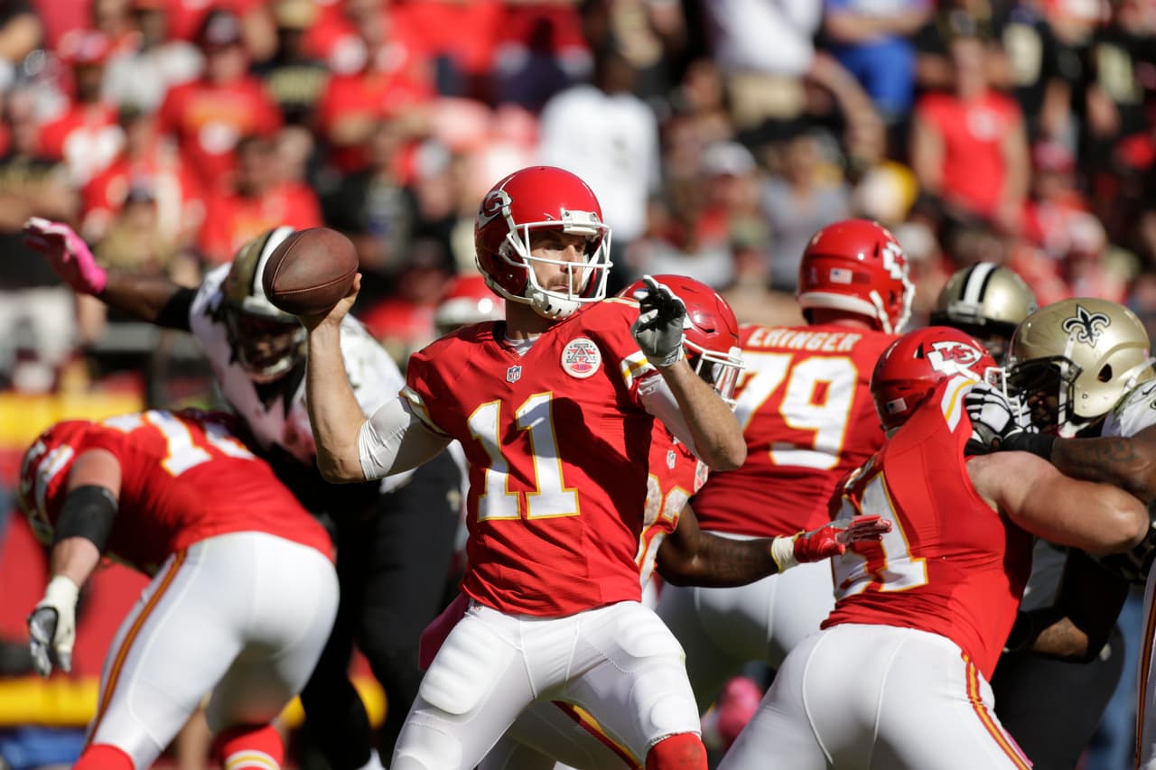 Kansas City Chiefs quarterback Alex Smith (11) throws during the second half of an NFL football game against the New Orleans Saints in Kansas City, Mo., Sunday, Oct. 23, 2016. (AP Photo/Colin E. Braley)