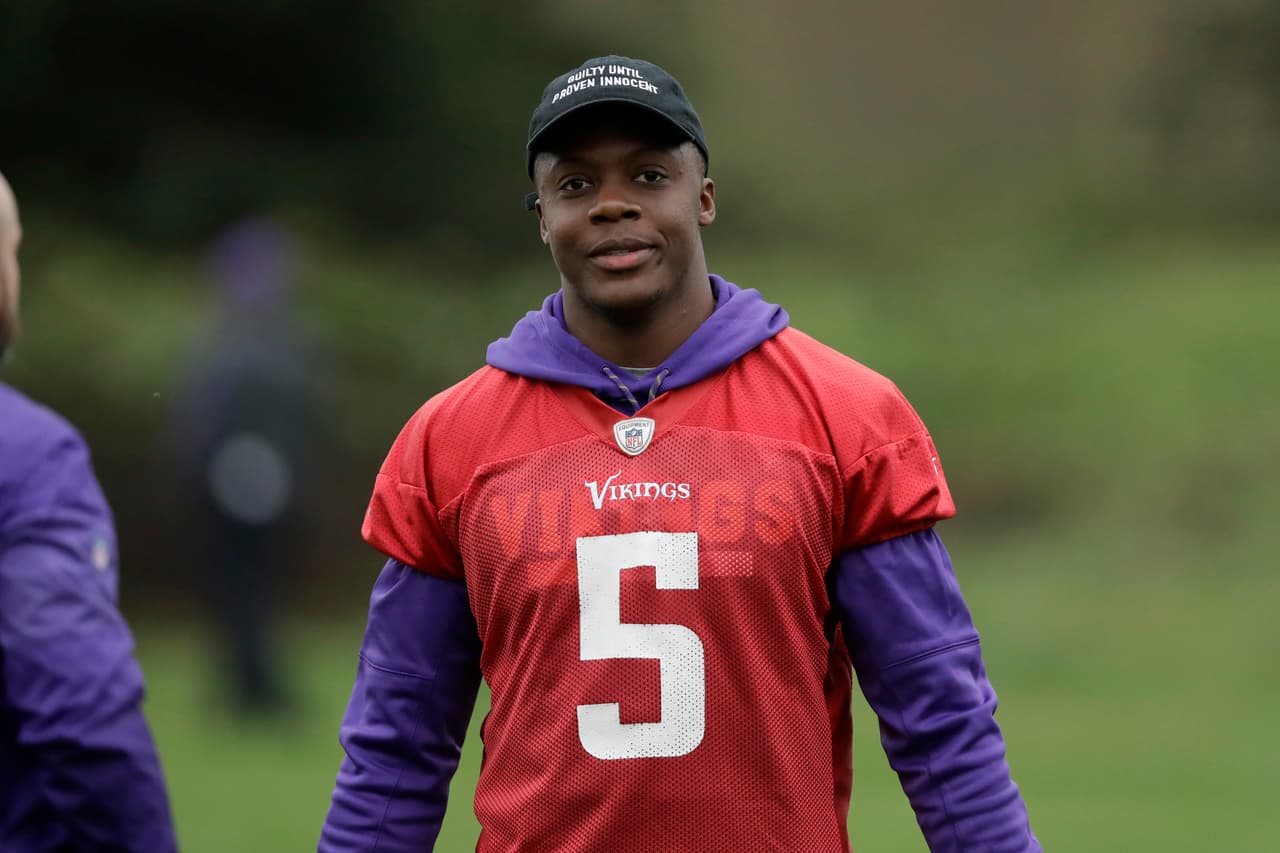 Minnesota Vikings quarterback Teddy Bridgewater takes part in an NFL walkthrough practice session at Syon House in Syon Park, south west London, Thursday, Oct. 26, 2017. The Minnesota Vikings are preparing for an NFL regular season game against the Cleveland Browns in London on Sunday. (AP Photo/Matt Dunham)