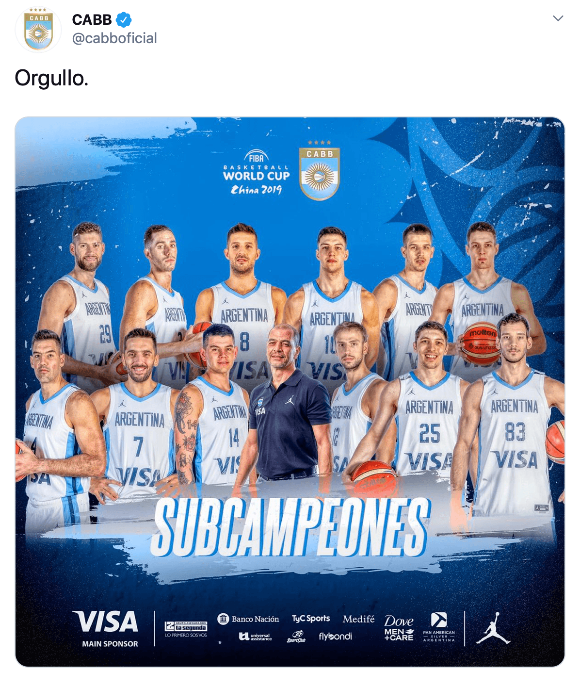 La Federación Argentina de Basquetbol felicita a su selectivo por el subcampeonato.
