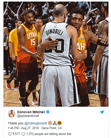 Otro jugador del Utah Jazz, el candidato a Novato del Año de la campaña pasada Donovan Mitchell le agradece a Manu haber coincidido una temporada.