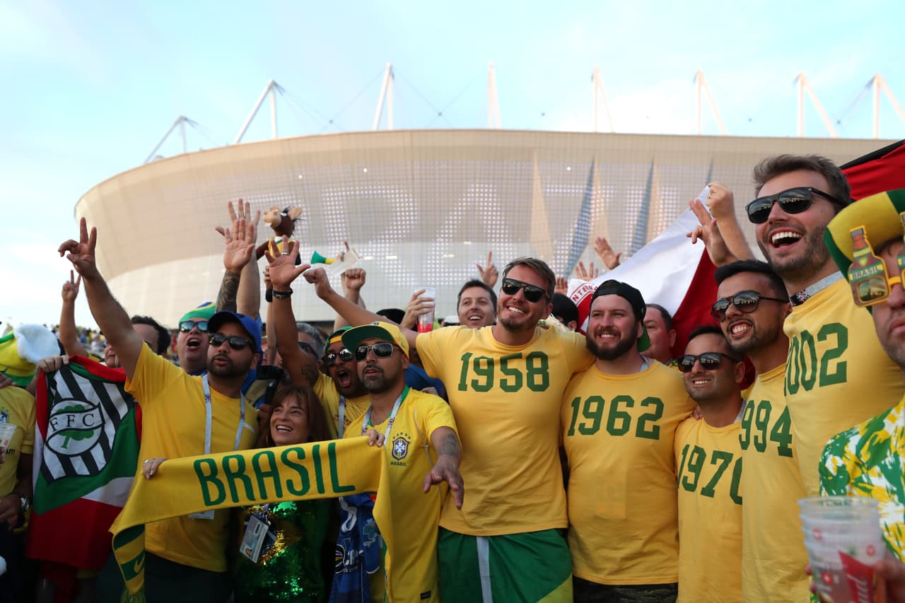 ROSTOV-ON-DON, RUSSIA - JUNE 17: Brazil fans enjoy the pre match atmosphere prior to the 2018 FIFA World Cup Russia group E match between Brazil and Switzerland at Rostov Arena on June 17, 2018 in Rostov-on-Don, Russia. (Photo by Catherine Ivill/Getty Images)