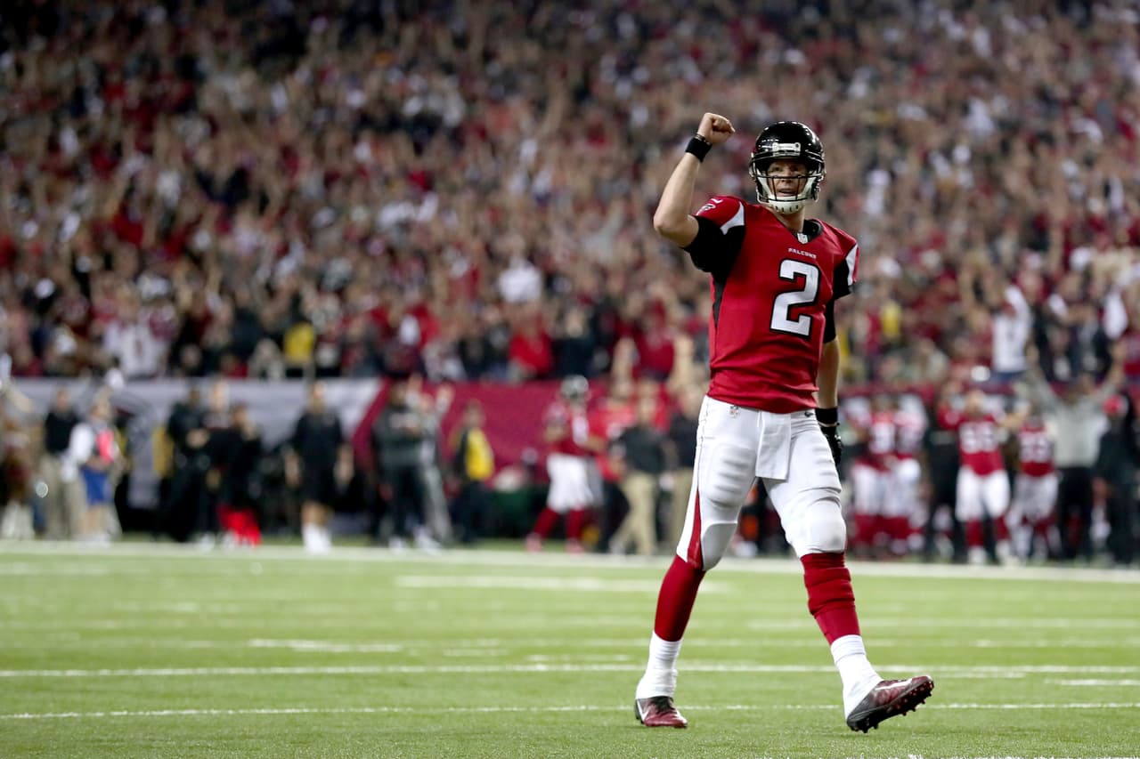ATLANTA, GA - JANUARY 22: Matt Ryan #2 of the Atlanta Falcons reacts after a touchdown in the fourth quarter against the Green Bay Packers in the NFC Championship Game at the Georgia Dome on January 22, 2017 in Atlanta, Georgia. (Photo by Tom Pennington/Getty Images)