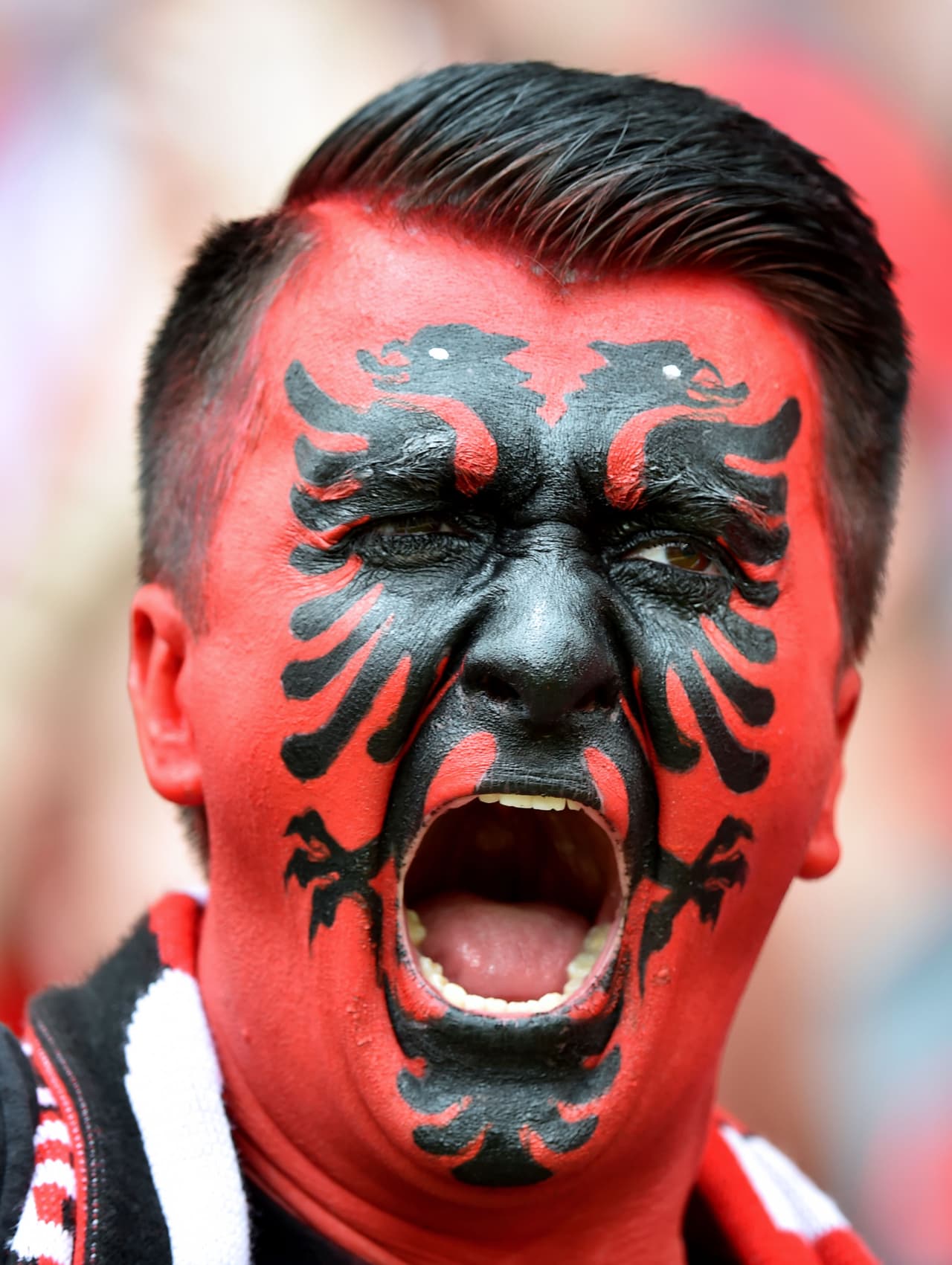 Las caras pintadas de los fans para apoyar a su equipo no podían faltar, ¿qué tal este aficionado con el escudo del equipo de Albania?