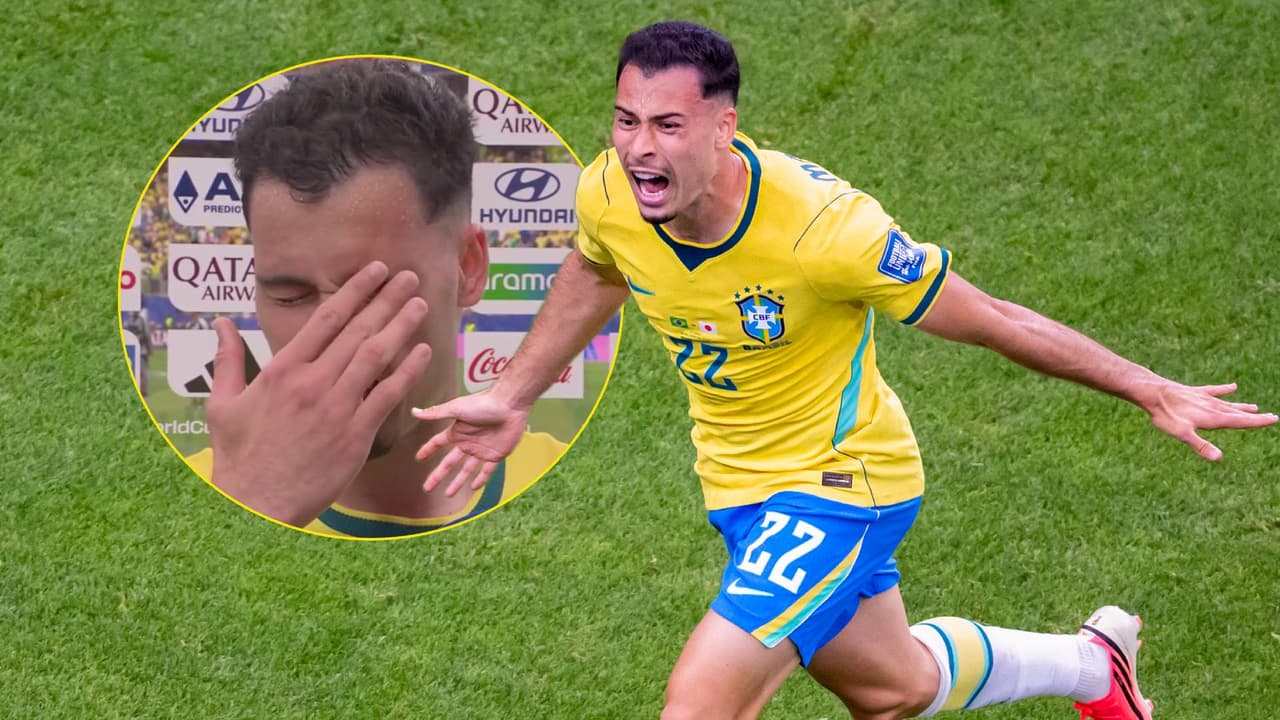 La reacción de Gabriel Martinelli tras el gol del triunfo con todo y golpe
