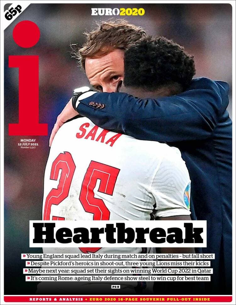La prensa italiana celebra el campeonato en todos sus ejemplares, dedicándoles la portada a la 'Scuadra Azzurra', mientras que la prensa británica muestra, en la mayoría de sus periódicos muestra al entrenador Gareth Southgate abrazando a Bukayo Saka tras fallar el último penal que le dio la victoria a Italia.