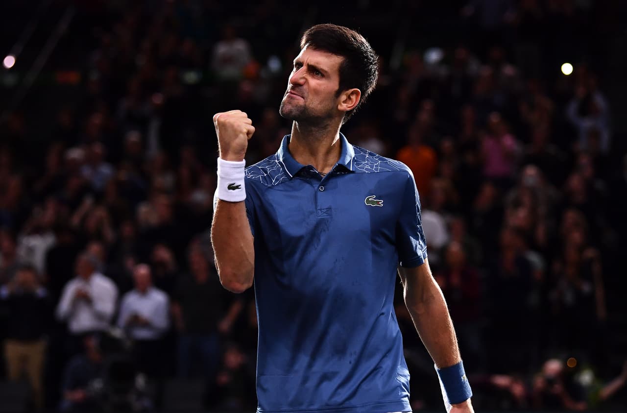 PARIS, FRANCE - NOVEMBER 03: Novak Djokovic of Serbia celebrates winning his Semi Final match against Roger Federer of Switzerland on Day 6 of the Rolex Paris Masters on November 3, 2018 in Paris, France. (Photo by Justin Setterfield/Getty Images)