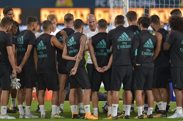 Real Madrid players take part in a training session at Hard Rock Stadium in Miami, Florida, on July 28, 2017, one day before their International Champions Cup friendly match against Barcelona. / AFP PHOTO / HECTOR RETAMAL (Photo credit should read HECTOR RETAMAL/AFP/Getty Images)