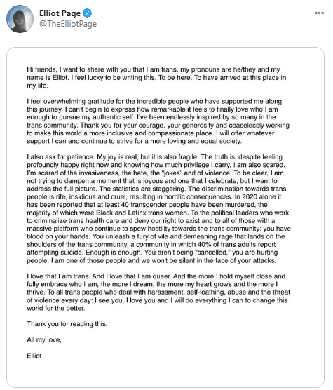 ‘Hola amigos, quiero compartir con ustedes que soy trans, mis pronombres son el/ellos y soy Elliot’.