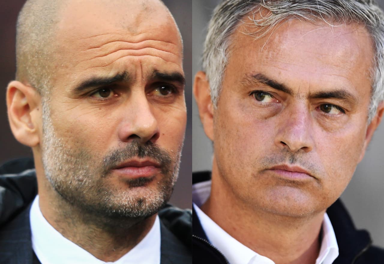 FILE PHOTO (EDITORS NOTE: COMPOSITE OF TWO IMAGES - Image numbers (L) 624347276 and 609537058) In this composite image a comparision has been made between Josep Guardiola, Manager of Manchester City (L) and Jose Mourinho manager of Manchester United. Manchester City and Manchester United meet in a Premier League match on April 27, 2017 at the Etihad Stadium,Manchester. ***LEFT IMAGE*** LONDON, ENGLAND - NOVEMBER 19: Josep Guardiola, Manager of Manchester City looks on during the Premier League match between Crystal Palace and Manchester City at Selhurst Park on November 19, 2016 in London, England. (Photo by Stephen Pond/Getty Images) ***RIGHT IMAGE*** NORTHAMPTON, ENGLAND - SEPTEMBER 21: Jose Mourinho manager of Manchester United looks on from the tunnel prior to the EFL Cup Third Round match between Northampton Town and Manchester United at Sixfields on September 21, 2016 in Northampton, England. (Photo by Laurence Griffiths/Getty Images)