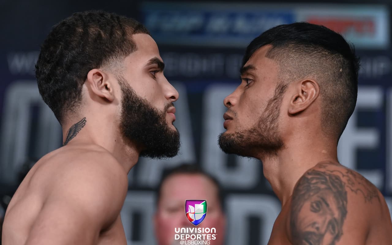 Los encargados de abrir la función serán
<b>Josué Vargas</b> y
<b>John Rentería</b>, que se enfrentarán a ocho episodios en peso superligero. Vargas pesó 142.6 libras, y su rival 142.8.