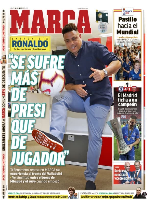 Otro diario deportivo español, 
<i><b>Marca</b></i>, en un cintillo lateral destaca a Hazard llegando al Real Madrid tras irse de Chelsea con notas muy altas.