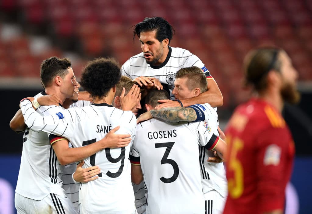STUTTGART, GERMANY - SEPTEMBER 03: Timo Werner of Germany celebrates with teammates after scoring his team's first goal during the UEFA Nations League group stage match between Germany and Spain at Mercedes-Benz Arena on September 03, 2020 in Stuttgart, Germany. (Photo by Matthias Hangst/Getty Images)
