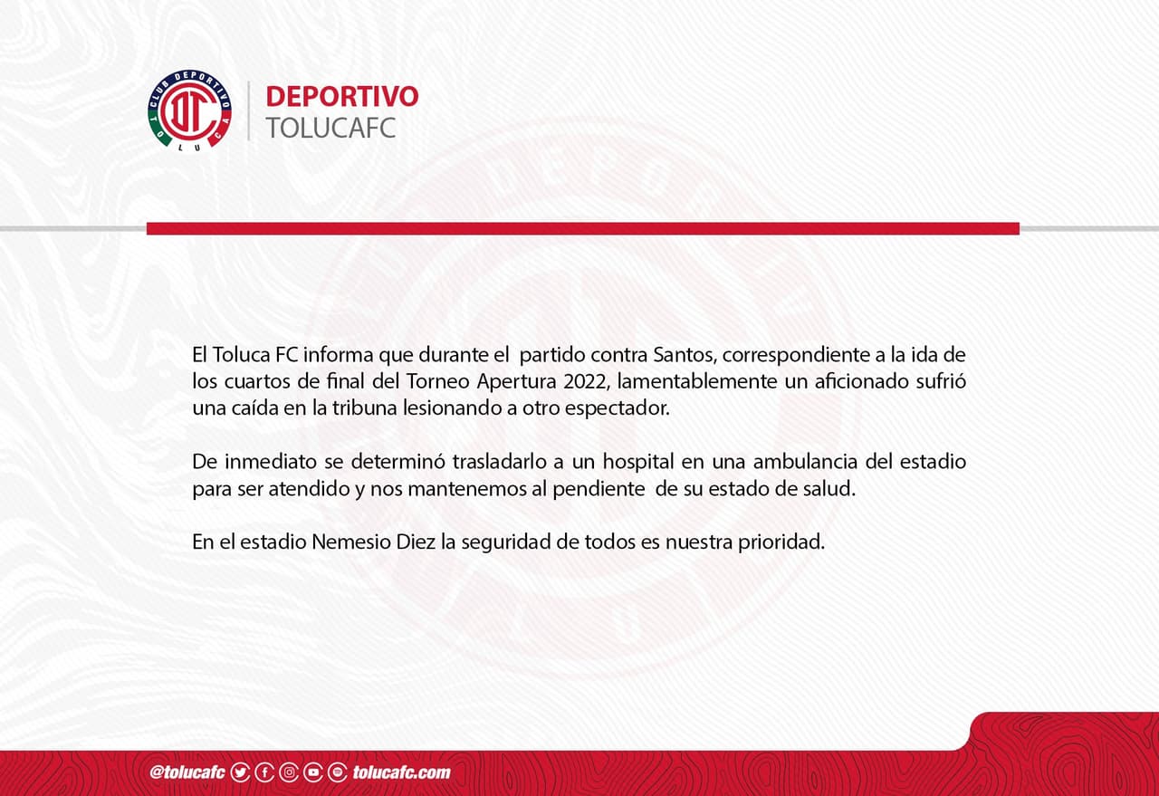 Toluca emitió un comunicado sobre los hechos ocurridos en la ida ante Santos.