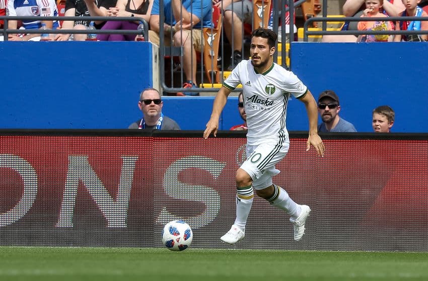 FRISCO, TX - MARCH 24: Portland Timbers midfielder Sebastian Blanco (10) dribbles with the ball during the soccer match between the Portland Timbers and FC Dallas on March 24, 2018 at Toyota Stadium in Frisco, TX. (Photo by Andrew Dieb/Icon Sportswire via Getty Images)